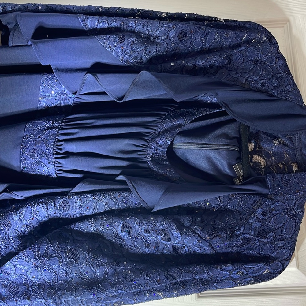 Navy blue Empire dress with lace and sequent long sleeve jacket.